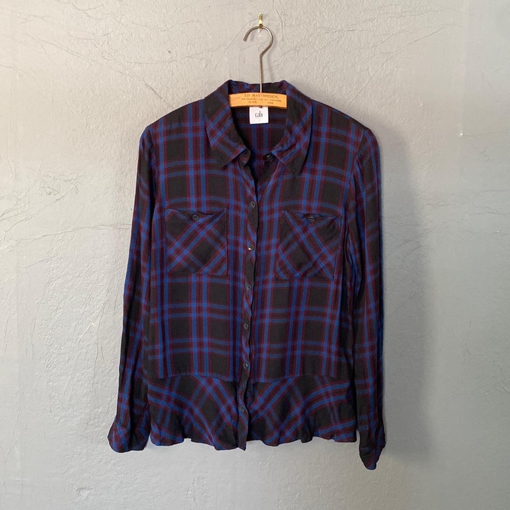 Cabi #3431 Moody Plaid Flannel Peplum Flounce Hem Button Blouse Shirt